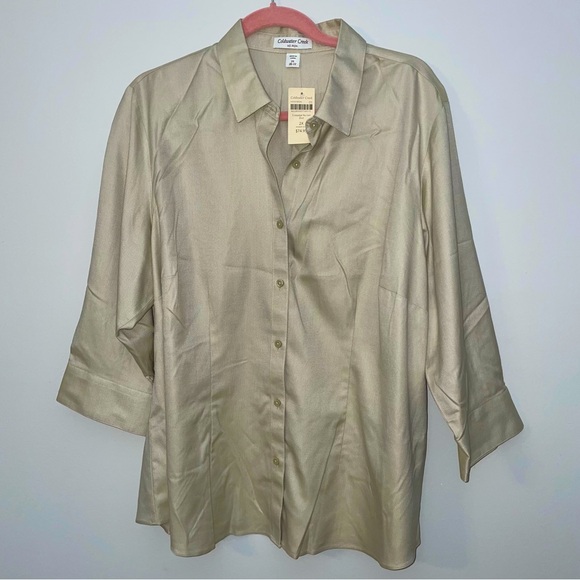 Coldwater Creek No Iron Button Up Blouse 3/4 Sleeve 2X Crossdye NWT Sand - Picture 1 of 9